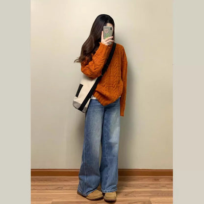 Retro Orange Pumpkin Cable Knit Sweater for Women, Autumn/Winter, Casual Soft and Cozy Knitted Top