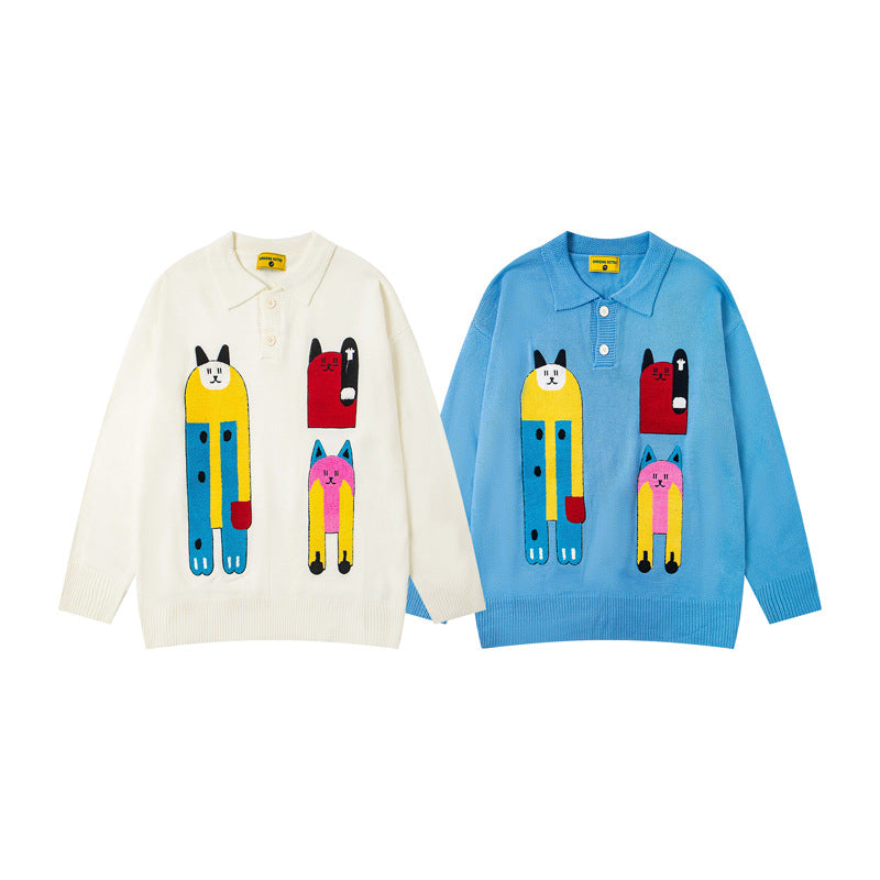 Colorful Cartoon Embroidery Polo Neck Sweater Unisex High Street Lazy Style Loose Couple Knitwear