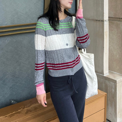 Color Block Stripe Knit Cardigan Women Loose Long Sleeve Wool Blend Soft Outerwear
