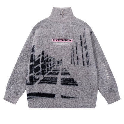 Style Retro Creative Pattern Jacquard Knit Sweater Unisex Trendy Cool Loose Half-Zip Top