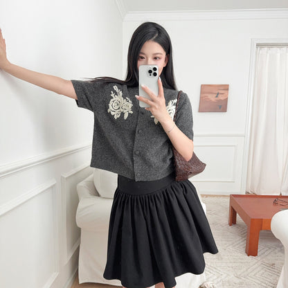 Soft Wool Short Sleeve Knit Cardigan Gray Round Neck Floral Embroidery Vintage Gentle Style Versatile Top