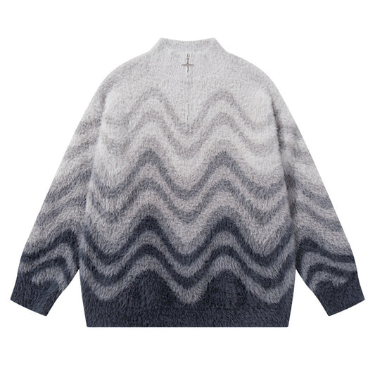 Wave Pattern Color-Blocked Soft Knit Stand Collar Sweater  Vintage Gradient Knit Top