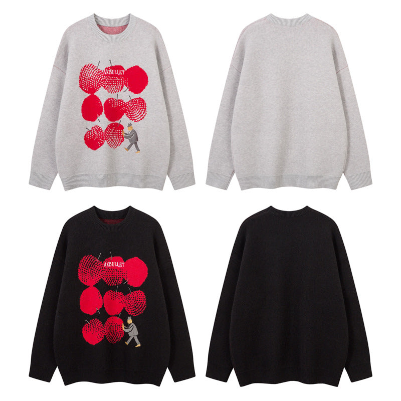 Street Style Embroidered Knit Sweater with Letter Applique, Crew Neck, Loose Fit, Unisex Sweater