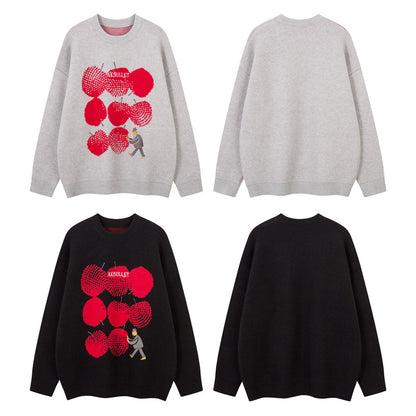 Street Style Embroidered Knit Sweater with Letter Applique, Crew Neck, Loose Fit, Unisex Sweater