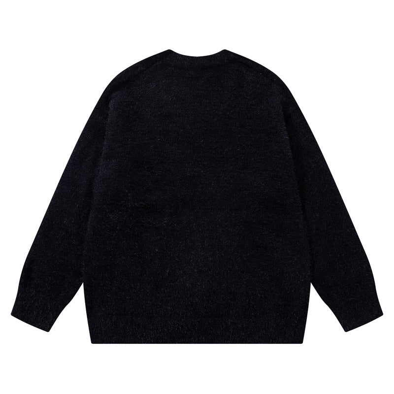 Original Trendy Brand Knit Sweater Men's Applique Embroidery Round Neck Casual Inner Wear Couple Basic Knitwear