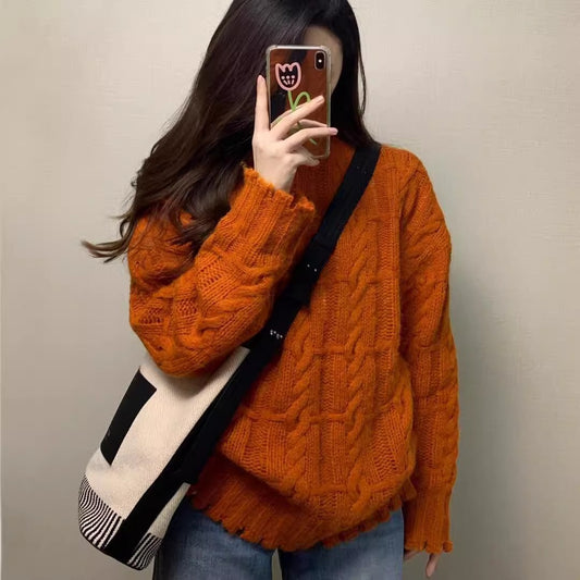 Retro Orange Pumpkin Cable Knit Sweater for Women, Autumn/Winter, Casual Soft and Cozy Knitted Top