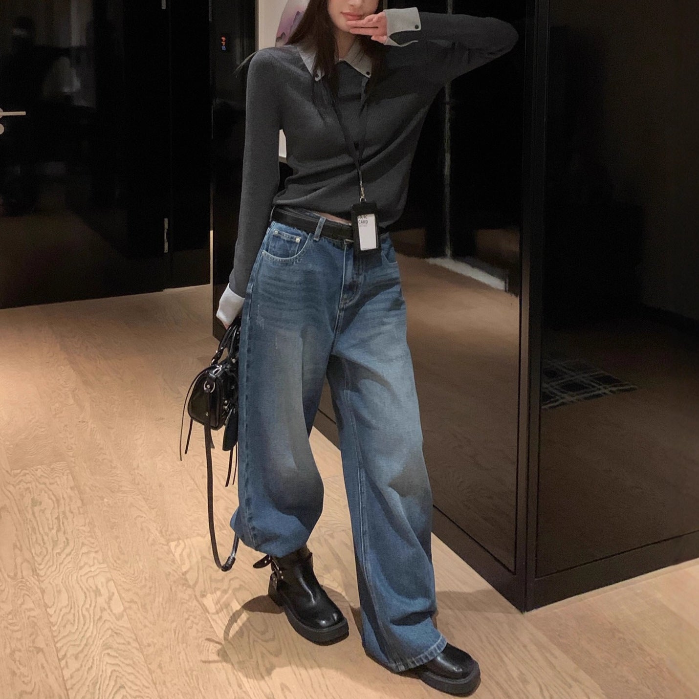 Chic Gray Knit Sweater Top with Layered Design, Fitted Long Sleeve , Unique Style Women's Top