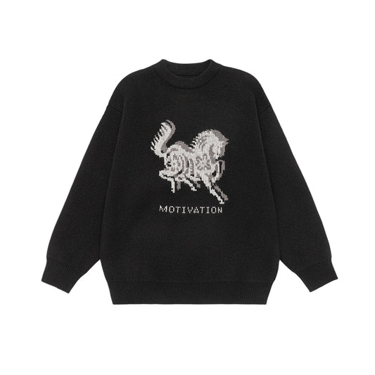Horse Embroidery Knitwear Loose Casual Unisex  Sweater
