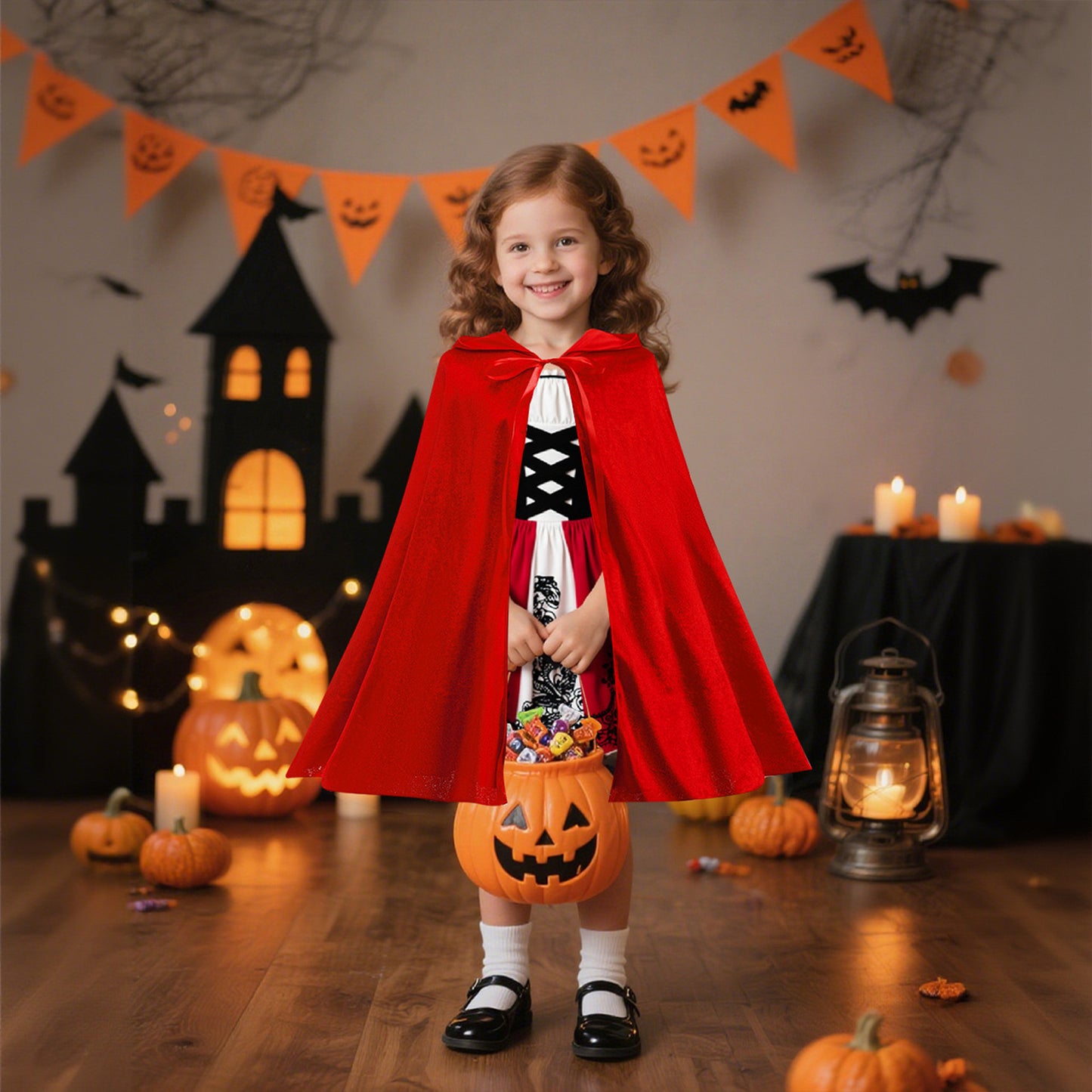 Halloween Kids Costume Set for Girls Silk Dress with Hooded Cape Role Play Outfit