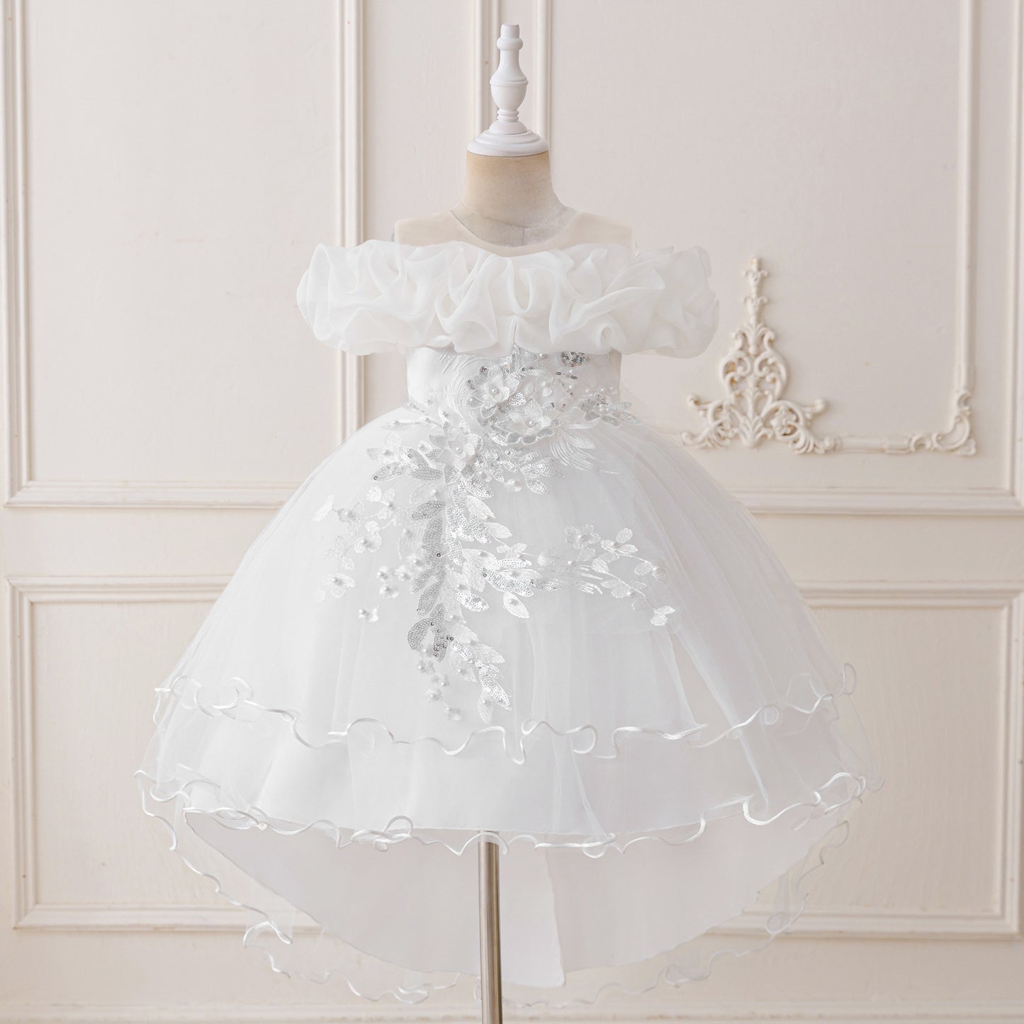 Children's Formal Dress with Train, Flower Girl Wedding Gown, Princess Tutu Tulle Dress, One-Shoulder Evening Gown