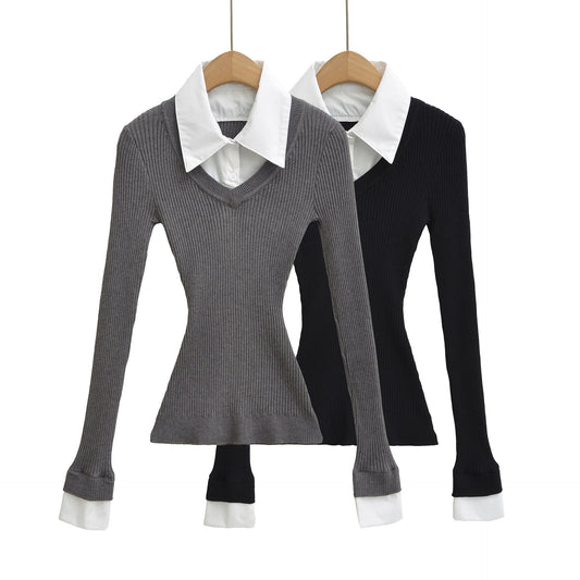 Retro style fake two-piece spliced shirt collar elastic slim fit waist cinching knit sweater