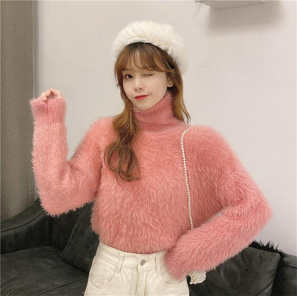 High-neck Mink Fur Knit Sweater for WomenLoose Oversized Crewneck Inner Layer Top Soft and Thick Knitted Pullover