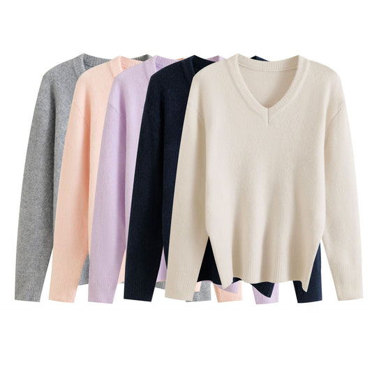 Solid color V-neck long sleeved pullover lazy and loose casual sweater