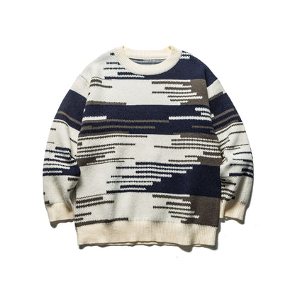 Color-Blocking Jacquard Loose Bohemian Style Crewneck Sweater