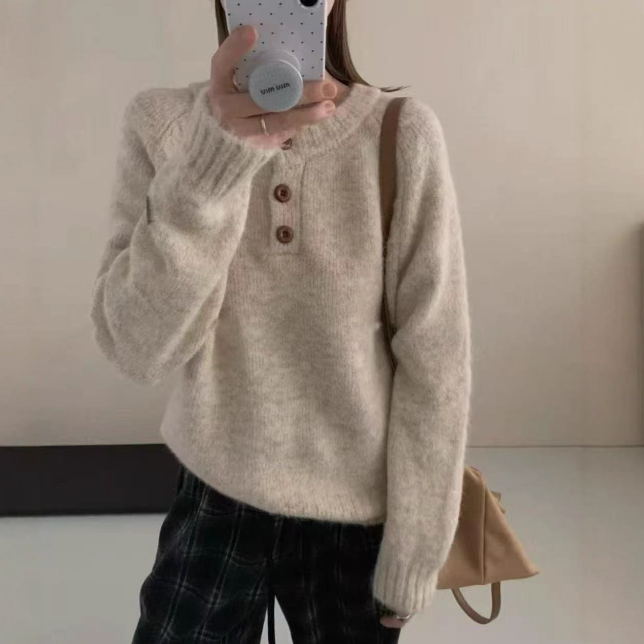 Casual Lazy Style Round Neck Single-Button Pullover Sweater Women's Loose Soft Knit Top