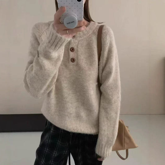 Casual Lazy Style Round Neck Single-Button Pullover Sweater Women's Loose Soft Knit Top