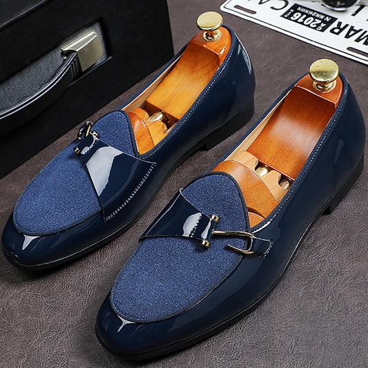 New Fashion Trend Daily Shoes For Men Patent Leather Stitching Suede Metal Hook Decoration Male Comfortable Casual Loafers