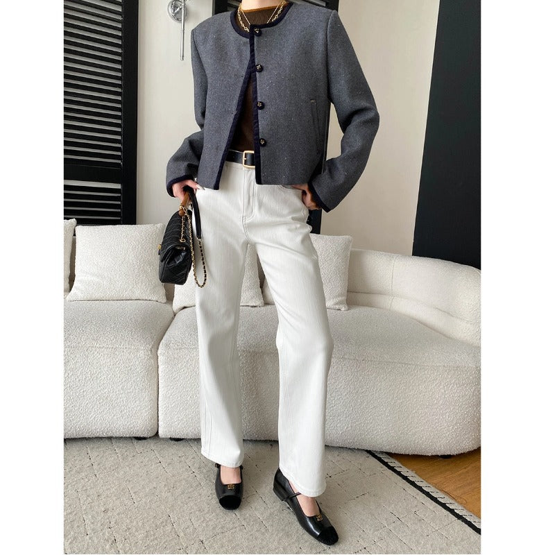 High Waist Slim Straight Leg Fitted Fleece-Lined Jeans for Women - Minimalist Blogger Style Long Leg Look