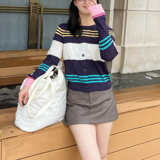 Color Block Stripe Knit Cardigan Women Loose Long Sleeve Wool Blend Soft Outerwear