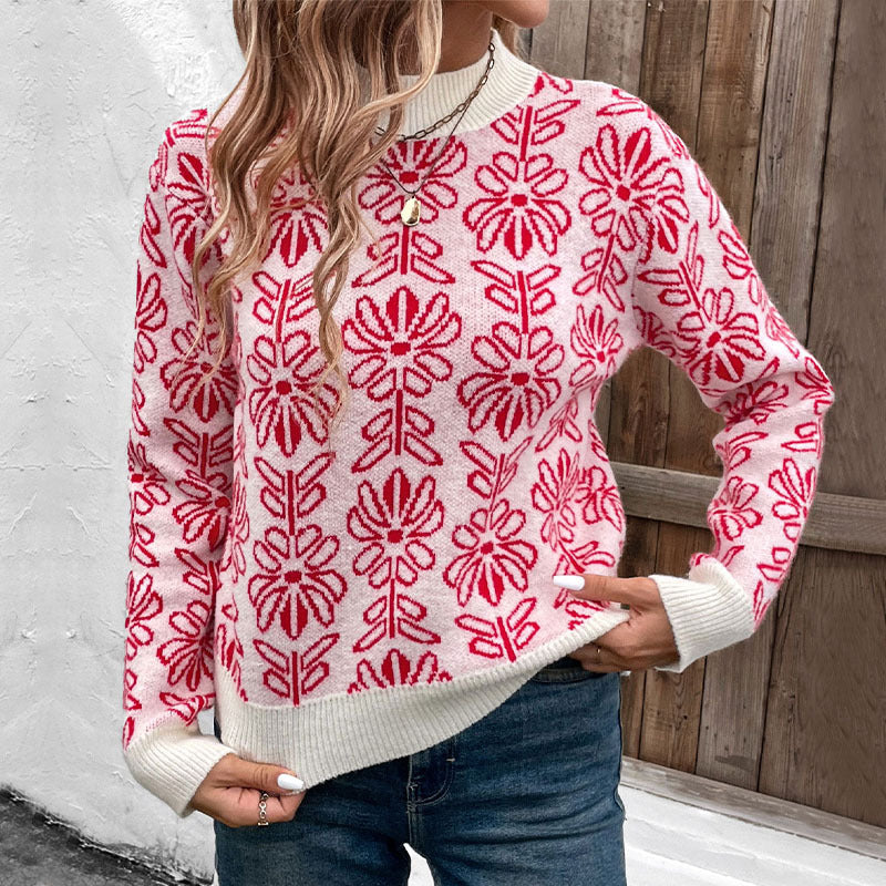 Half high collar flower jacquard knitted sweater with contrasting colors for women
