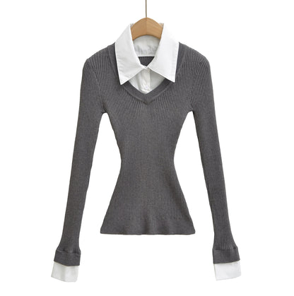 Retro style fake two-piece spliced shirt collar elastic slim fit waist cinching knit sweater