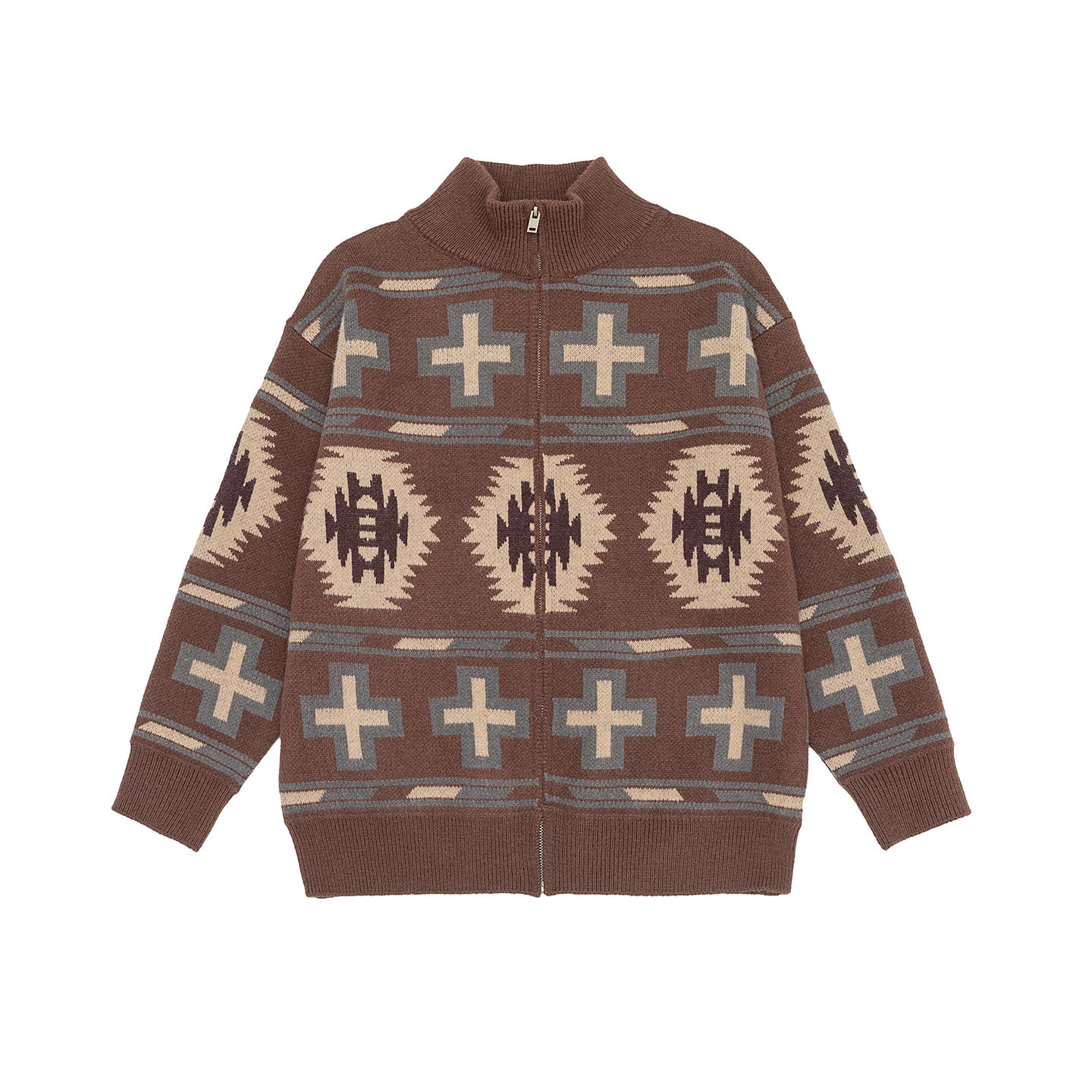 Fair Isle Knit Cardigan with Color-block Jacquard Pattern Loose Fit Zipper Closure Long Sleeve