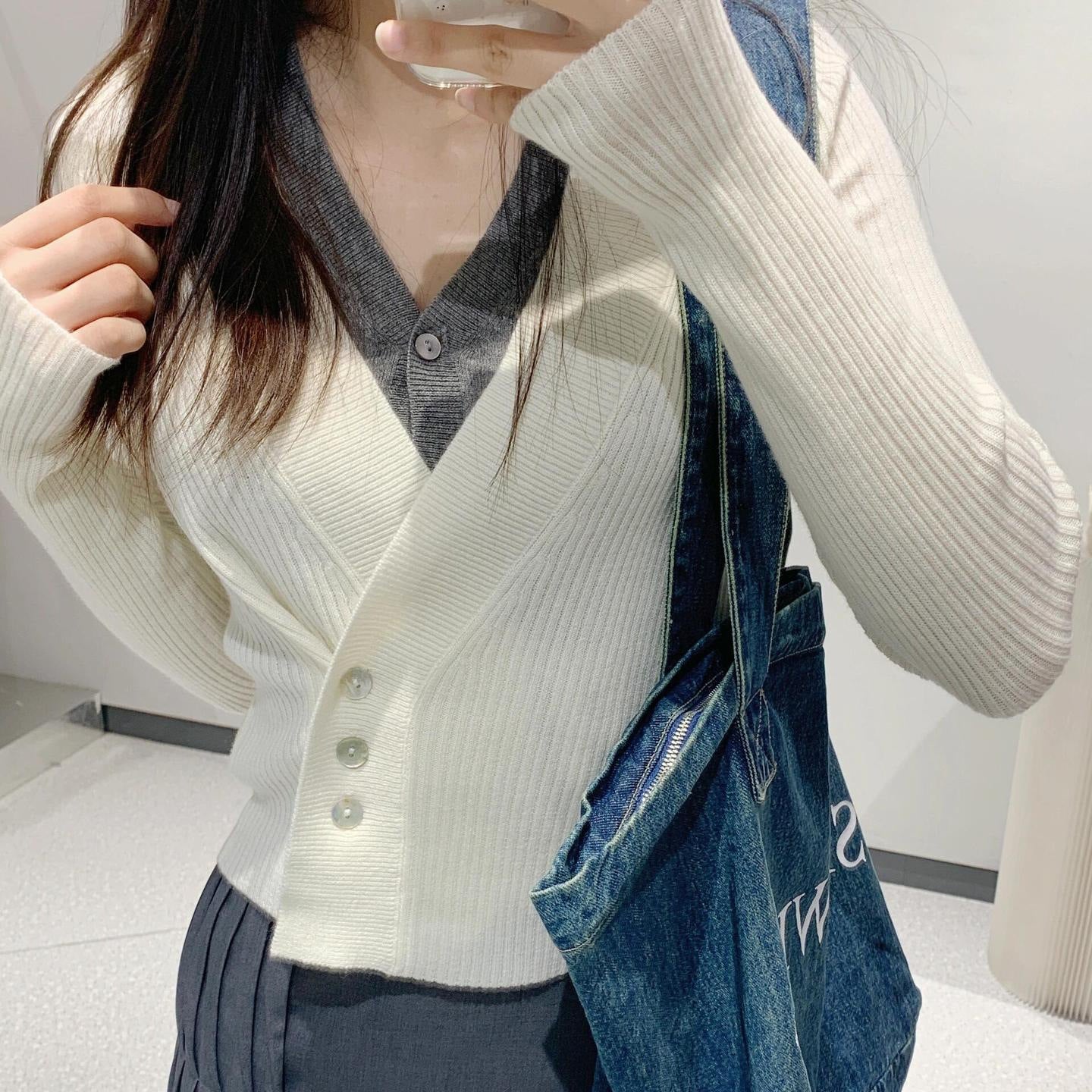 Sweater Knit Vest Set for Women, Wool Blend, V-Neck Cardigan Top