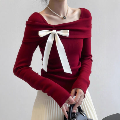 Style Unique Design Top, Chic Red Knit Sweater, Elegant and Youthful Look