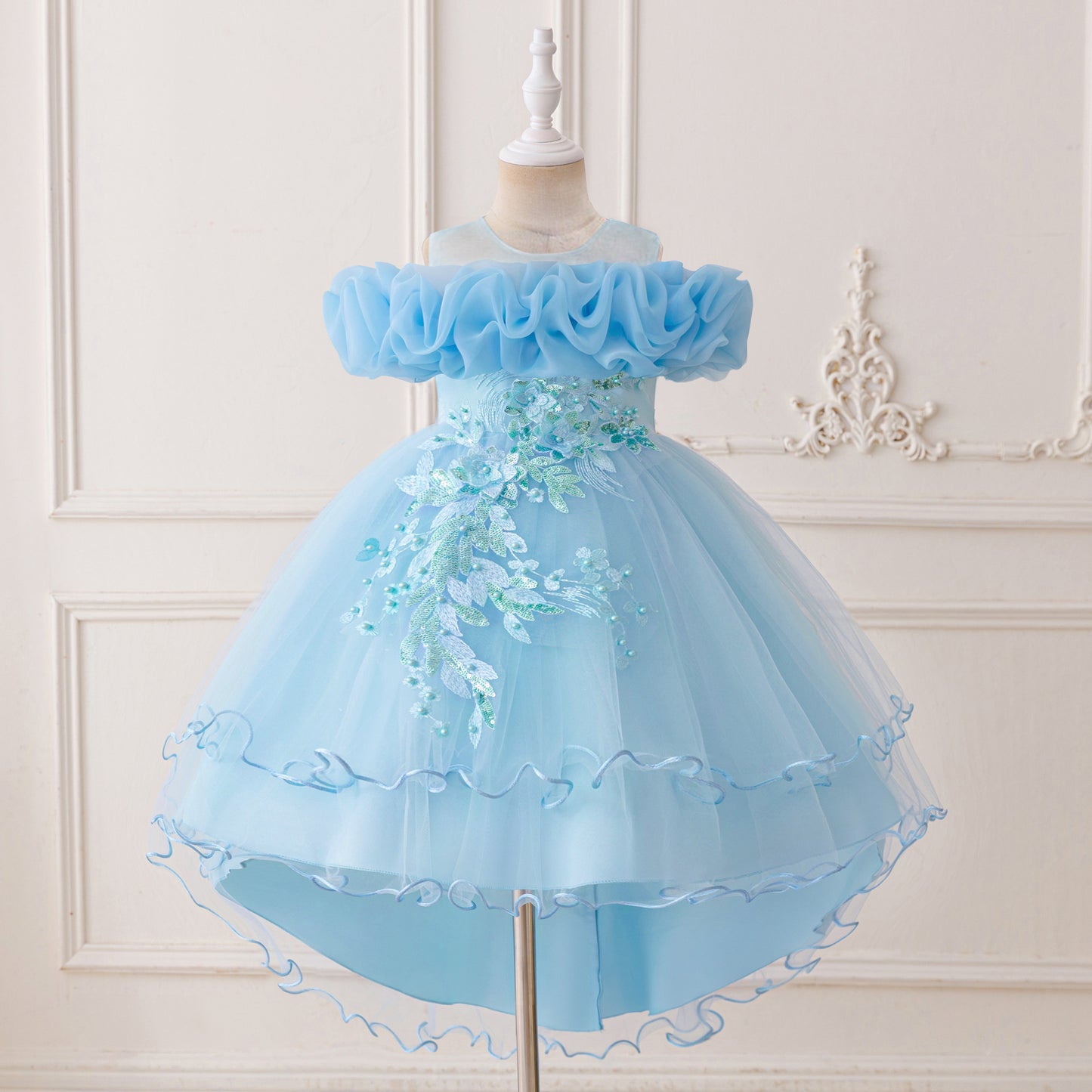 Children's Formal Dress with Train, Flower Girl Wedding Gown, Princess Tutu Tulle Dress, One-Shoulder Evening Gown