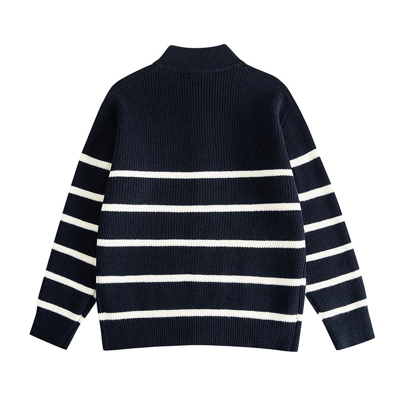 Loose Knit Cardigan with Stripe Pattern Stand-Up Collar,Zipper Closure