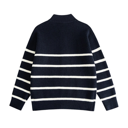 Loose Knit Cardigan with Stripe Pattern Stand-Up Collar,Zipper Closure