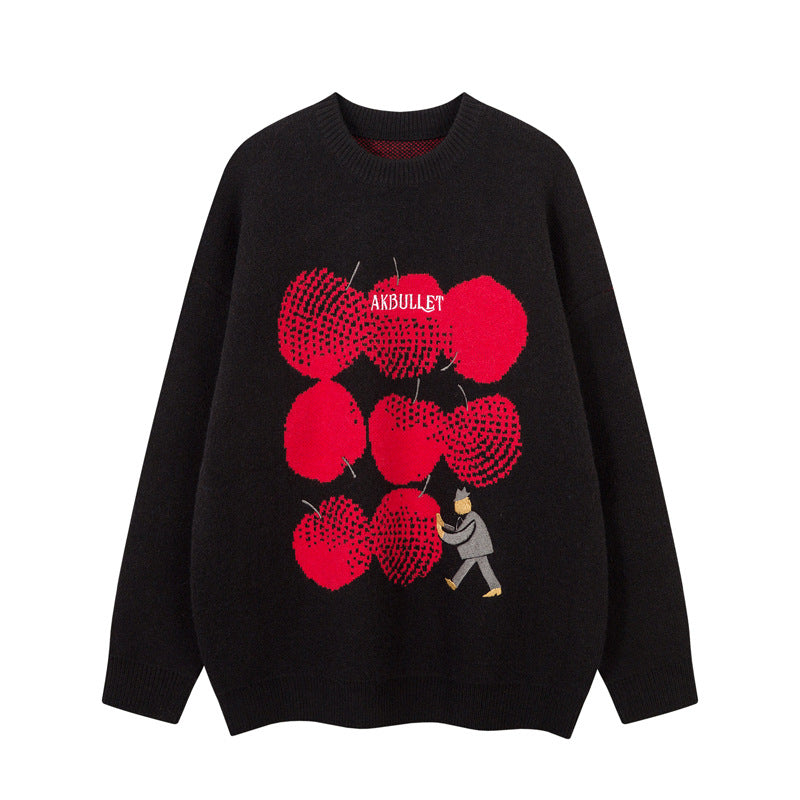 Street Style Embroidered Knit Sweater with Letter Applique, Crew Neck, Loose Fit, Unisex Sweater