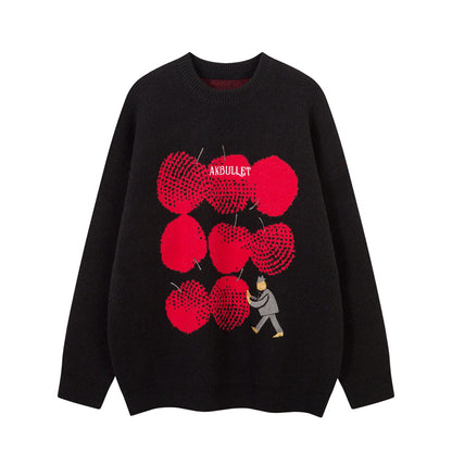 Street Style Embroidered Knit Sweater with Letter Applique, Crew Neck, Loose Fit, Unisex Sweater