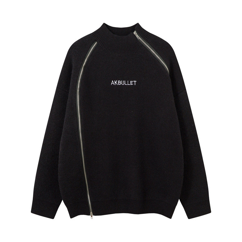 Original High Street Streetwear Cool Dual-Zipper Decorative Design Stand Collar  Lazy Style Sweater