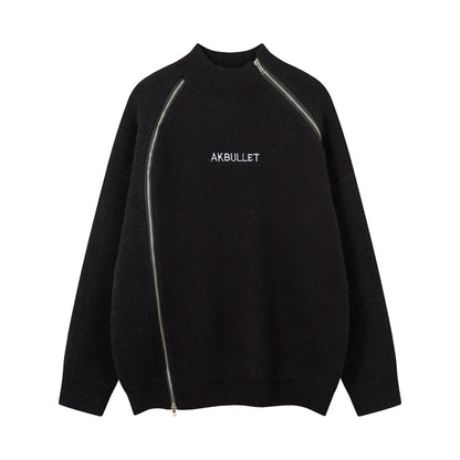 Original High Street Streetwear Cool Dual-Zipper Decorative Design Stand Collar  Lazy Style Sweater
