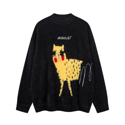 Cartoon Faux Fur Sweater for Women, Versatile Outerwear, Lazy Style Couple's Crewneck Knitwear