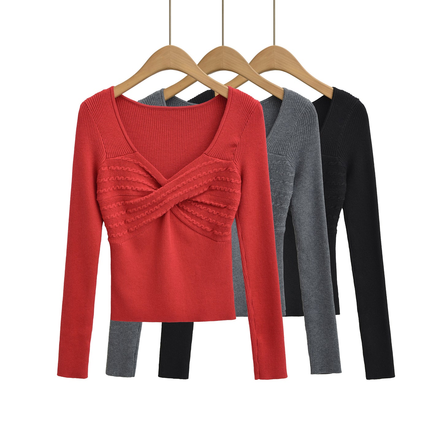 Retro style cross V-neck long sleeved threaded elastic slim fit waist knit sweater