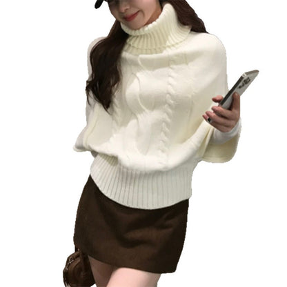Fall Soft Knit Sweater with 3/4 Sleeves, Loose Fit, Casual Top, Vintage Khaki High Neck Pullover for Women