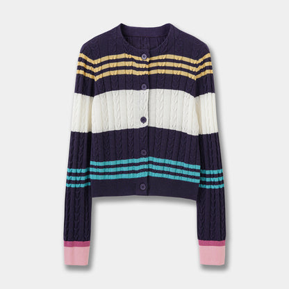 Color Block Stripe Knit Cardigan Women Loose Long Sleeve Wool Blend Soft Outerwear