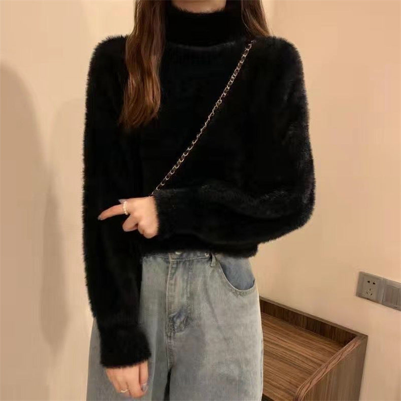 High-neck Mink Fur Knit Sweater for WomenLoose Oversized Crewneck Inner Layer Top Soft and Thick Knitted Pullover