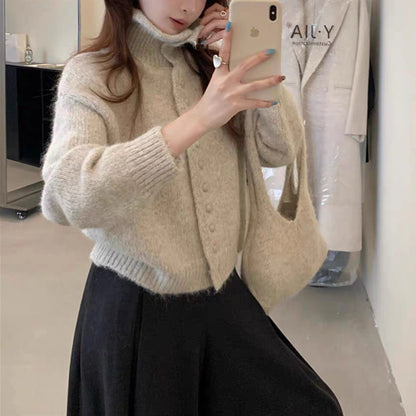 Loose High-neck Thick Warm Knit Cardigan for Women (with Bag)