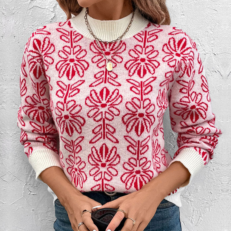 Half high collar flower jacquard knitted sweater with contrasting colors for women