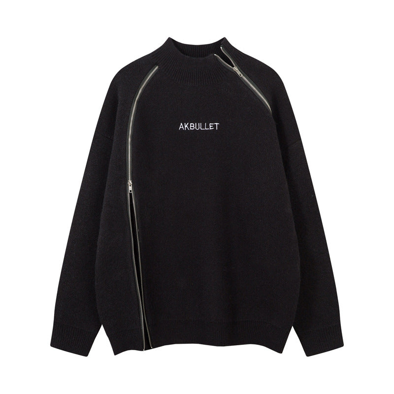 Original High Street Streetwear Cool Dual-Zipper Decorative Design Stand Collar  Lazy Style Sweater