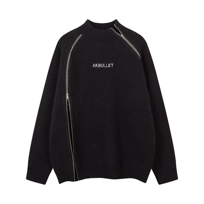 Original High Street Streetwear Cool Dual-Zipper Decorative Design Stand Collar  Lazy Style Sweater