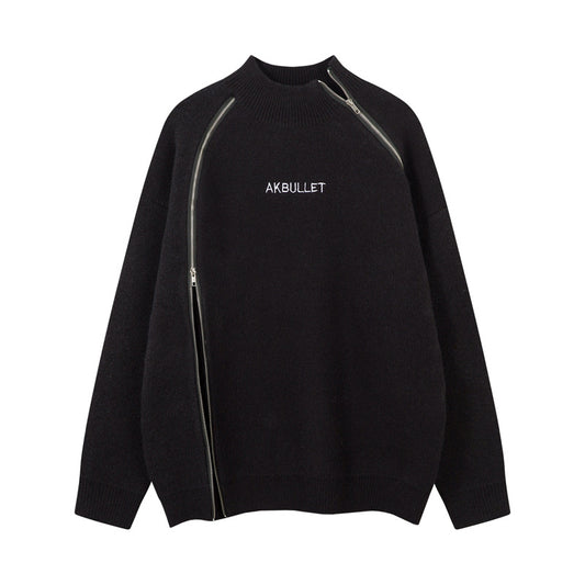 Original High Street Streetwear Cool Dual-Zipper Decorative Design Stand Collar  Lazy Style Sweater