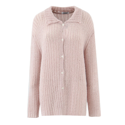 Casual hollow out one row button lapel cardigan women's knitted sweater