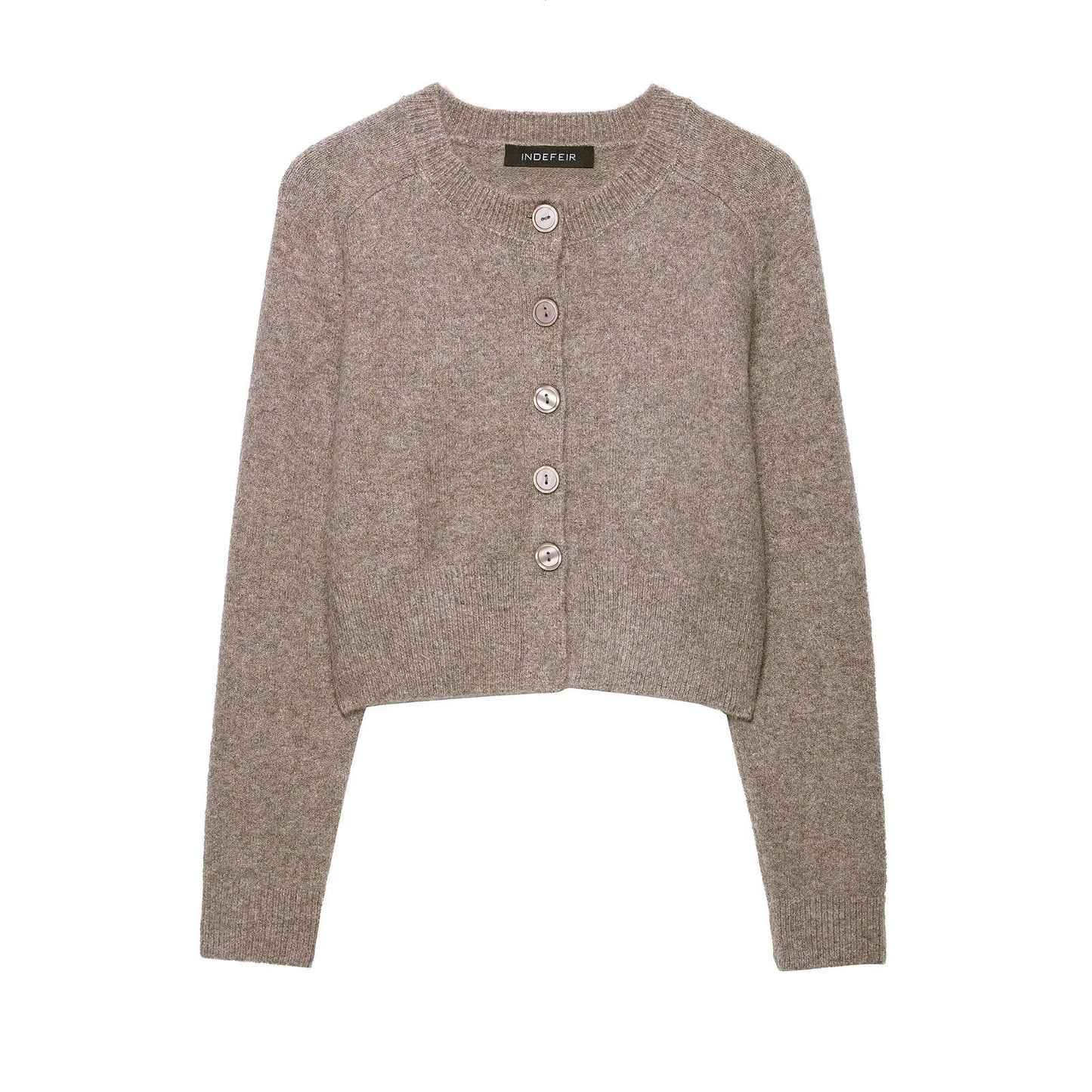 Round neck long sleeved single breasted solid color knitted sweater for women