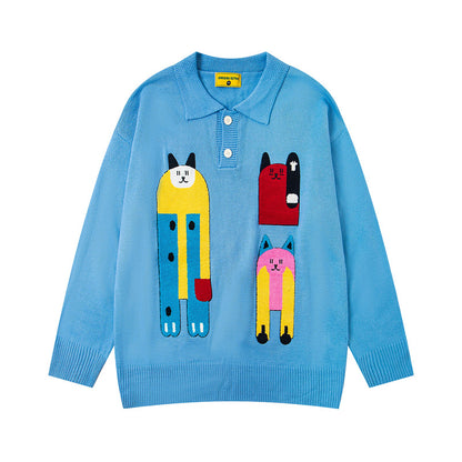 Colorful Cartoon Embroidery Polo Neck Sweater Unisex High Street Lazy Style Loose Couple Knitwear