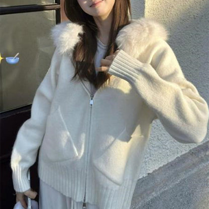 Autumn/Winter Casual Academic Style Loose Outerwear Korean Lazy Style Gray Fur Collar Hooded Knit Cardigan for Women