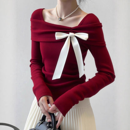 Style Unique Design Top, Chic Red Knit Sweater, Elegant and Youthful Look
